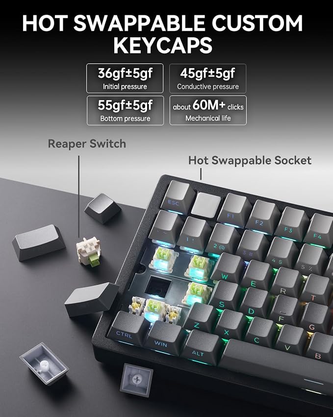 LEOBOG HI75C Pro Mechanical Keyboard,Aluminum Alloy Gaming Keyboard 75% Hot Swappable with Five-Layer Knob, Bluetooth/2.4GHz/USB-C Wireless Keyboards for Windows/MAC/iOS/Android - Reaper Switch, Grey