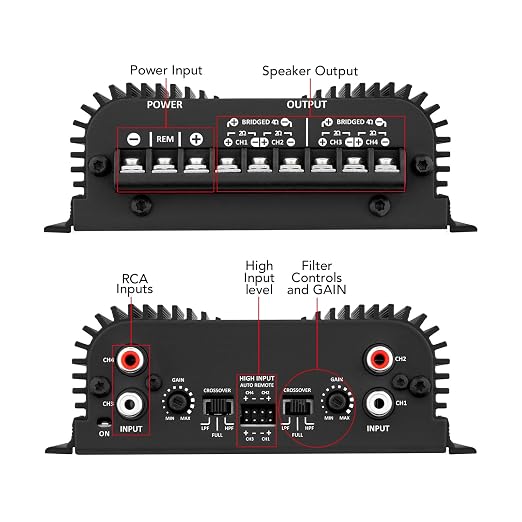 Taramps TS 400x4 2 Ohms Black Multichannel Stereo Amplifier 400 Watts Rms, 4 Channels, Full Range, Car Audio Digital 2 Bridged Channel, Crossover High/Low Pass, with RCA and Automatic High Level Input