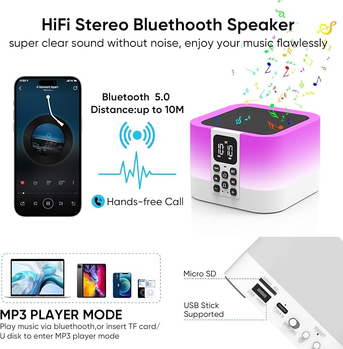 Night Light Bluetooth Speaker, Baby Nursery Night Lamp for Breastfeeding, Alarm Clocks for Kids, 30 Sounds Machine & Sleep Timer, Touch Bedside Lamp, 8 Color Changing, Gifts for Teens Boys