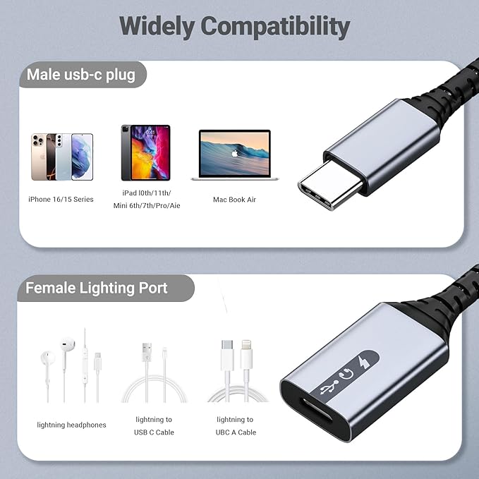 NICE BUDDY USB C to Lightning Adapter, 3-in-1 Type C to Female Lightning Converter OTG Cable for iPhone 15/14/13, iPad Pro/Air/Mini, MacBook, for Charging, Data Transfer, Music Audio with EarPods