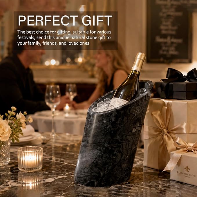 Marble Wine Bottle Chiller - Portable Tabletop Champagne Bucket Cooler for Cocktail Party Dinner Oblique-Monte Grigio