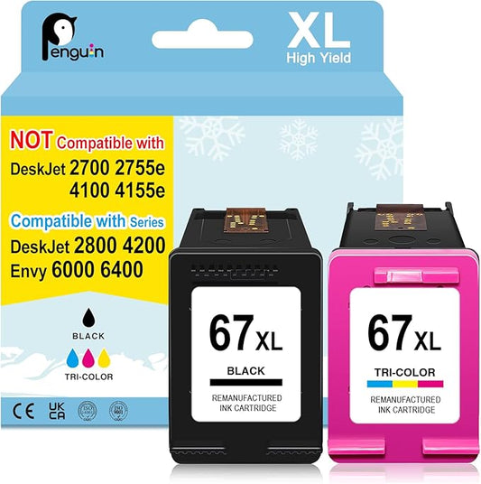 Penguin 67XL for HP Printer Ink 67 for Deskjet 4200e Ink Cartridges Deskjet 4258e 2800e 2852e 2827e 2855e 4227e Printers for HP67XL HP 67XL Ink Cartridges Black/Color Combo Pack