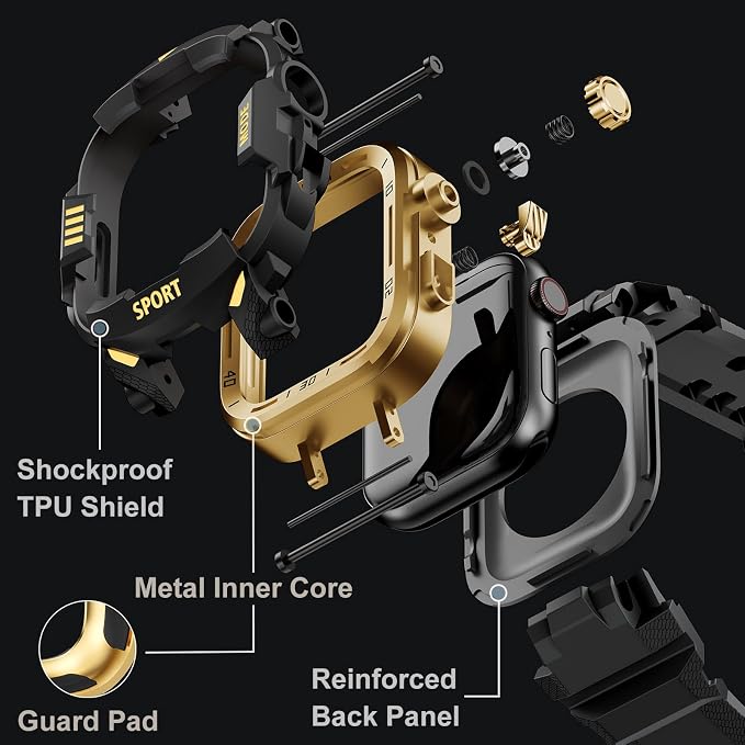 DABAOZA Rugged Case with Band Compatible with Apple Watch 45mm, for iWatch Series 9/8/7,Military Grade Shockproof Bumper and Men's Tactical Heavy Duty Strap(Black/Gold,45MM)