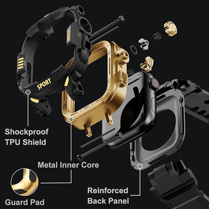 DABAOZA Rugged Case with Band Compatible with Apple Watch 46mm, for iWatch Series 11/10,Military Grade Shockproof Bumper and Men's Tactical Heavy Duty Strap(Black/Gold,46MM)