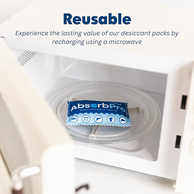 Absorb Pro Rechargeable Dehumidifier Bag 10-Pack - 100g Reusable Moisture Absorbers - Silica Gel Packets for Bins, Totes, Gun Safe, Food Storage, Clothes, Cars, and Boats