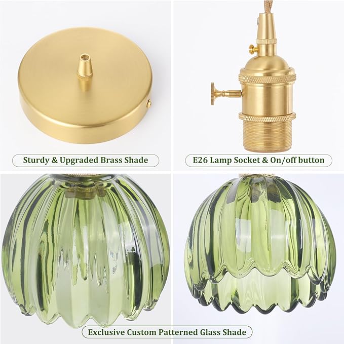 Shenmoyl Pendant Light with Green Tulip Glass Lmapshade, Brass Vintage Pendant Light Adjustable Hanging Light for Kitchen Island Dining Room Hallway