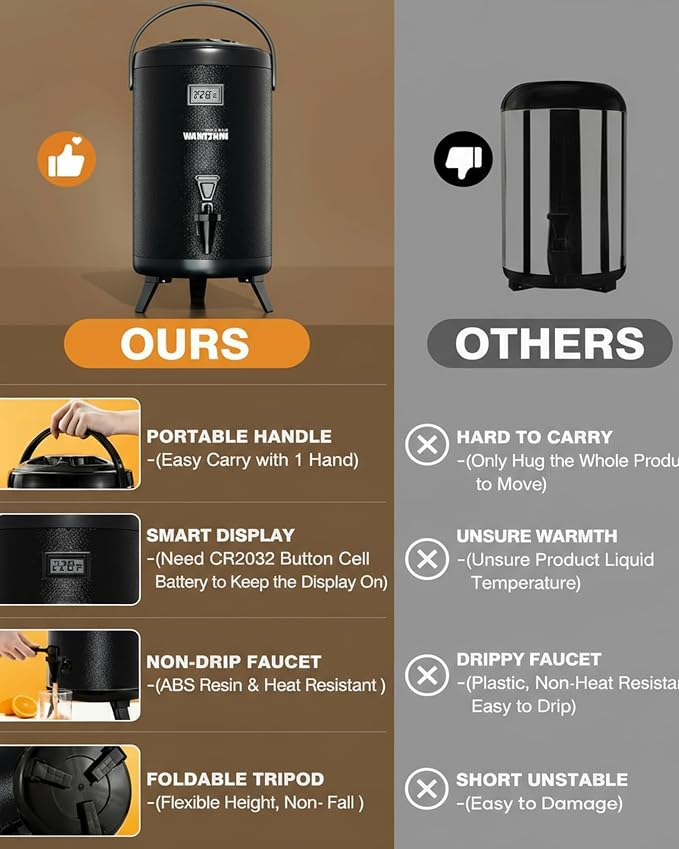 WantJoin Insulated Beverage Dispenser - Thermal 8L/2Gal Stainless Steel Hot & Cold Drink Dispenser with Spigot for Tea, Coffee, Milk, Water & Juice (Black)