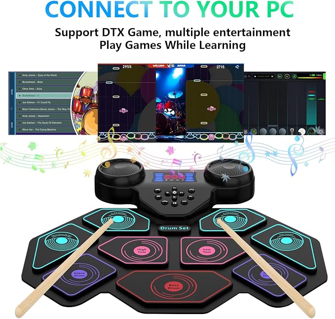 Electronic Drum Set - YUOIOYU Electric Drum Set Roll Up Portable Drum Kit MIDI Practice Drum Pad with Dual Built-in Speaker, Drum Sticks and Pedals, Christmas Birthday Gift for Kids Adult
