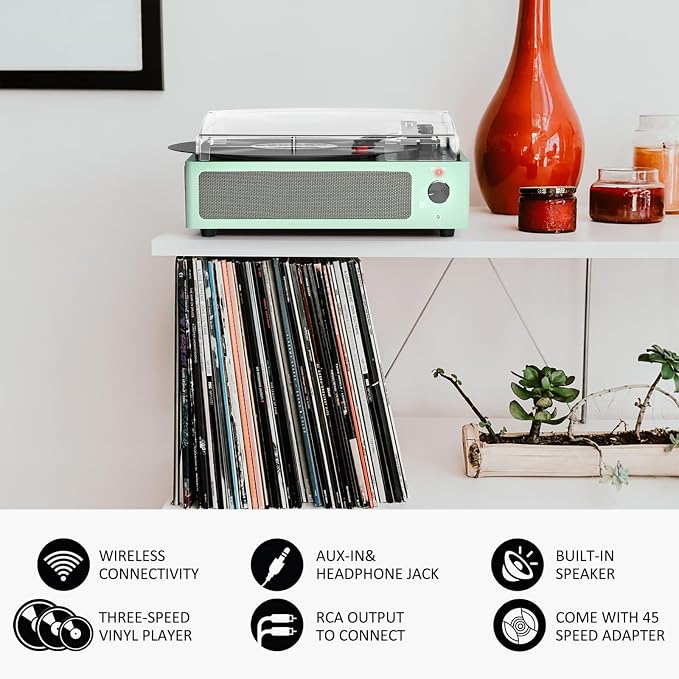 Record Player with Speakers Turntable for Vinyls Records Belt-Driven Turntables LP Vinyl Players Support Auto Stop 3-Speed 3 Size Wireless Playback Headphone AUX RCA Line Out New Sleek Mint Green