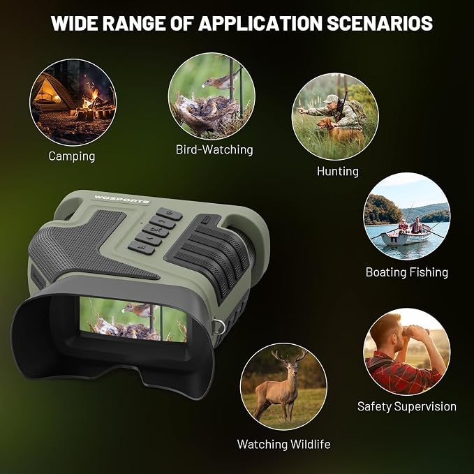 WOSPORTS 4K Night Vision Goggles – 10X Optical & 8X Digital Zoom, 1315FT Infrared Range, Rechargeable 5000mAh Battery, IPX Waterproof, Ideal for Camping, Army Green