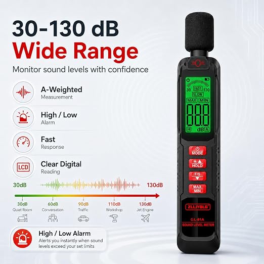 Noise Decibel Meter, Noise Meter, Decibel Meter, Digital Sound Level Meter, 30dB to 130dB Audio Noise Measurement Equipment, LCD Backlight Display, MAX/MIN Data Retention, Automatic Power-Off