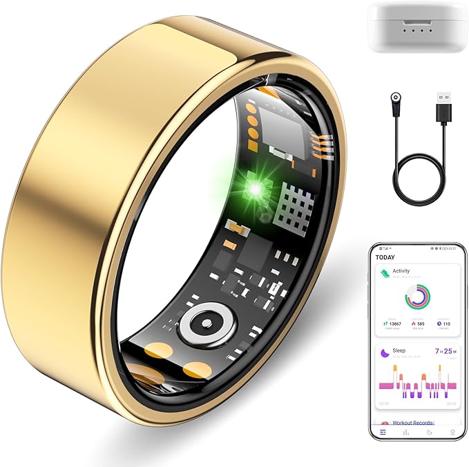 Smart Ring for Women Men, Fitness Trackers Fitness Ring (Gold, 12#) | Health Ring with Sleep Tracker, Heart Rate Monitor, Step Counter, Fit Ring for Long Lasting Battery Life, No Subscription Fee