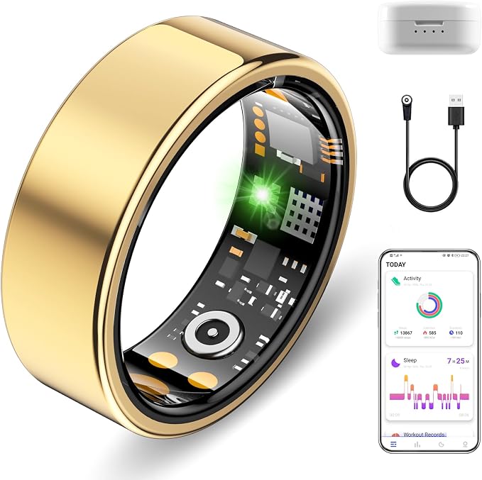 Smart Ring for Women Men, Fitness Trackers Fitness Ring (Gold, 11#) | Health Ring with Sleep Tracker, Heart Rate Monitor, Step Counter, Fit Ring for Long Lasting Battery Life, No Subscription Fee