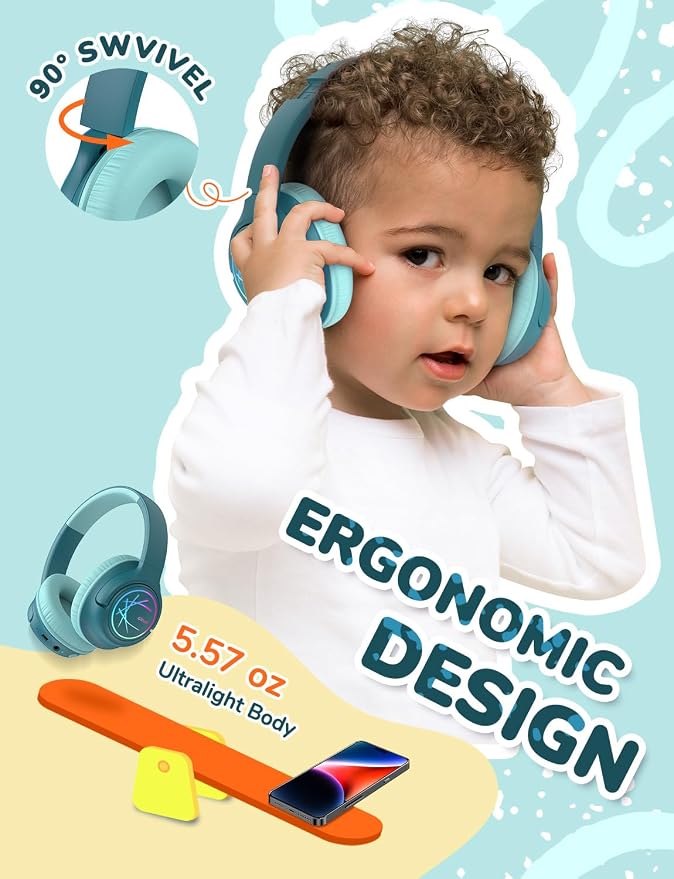 iClever Kids Bluetooth Headphones with LED Lights, BTH18 Safe Volume 74/85dBA, 43H Playtime, Bluetooth5.3 Kids Headphones Wireless Aux Cord for iPad/Tablet/Travel/School, Green