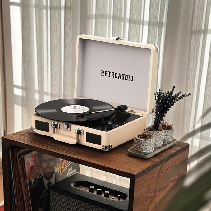 Vinyl Record Player Bluetooth Vintage Portable Suitcase Turntable with Built-in Speakers 3-Speed Belt-Driven Record Player Support RCA Output and Headphone Output (Warm White)