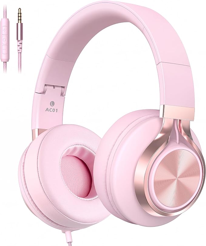 Wired Over-Ear Headphones with Microphone, Foldable Pink Headset with Passive Noise Isolating, Comfort Protein Leather Earcups for Teens, Women, Girls, 3.5mm Jack Laptop Headphones for Study, Work