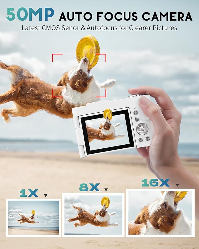 4K Digital Camera for Photography, 50MP Vlogging Camera for YouTube, Compact Cameras with 2.8" 180° Flip Screen, 16X Digital Zoom, Point and Shoot Camera with 32GB SD for Beginners, Travel, White