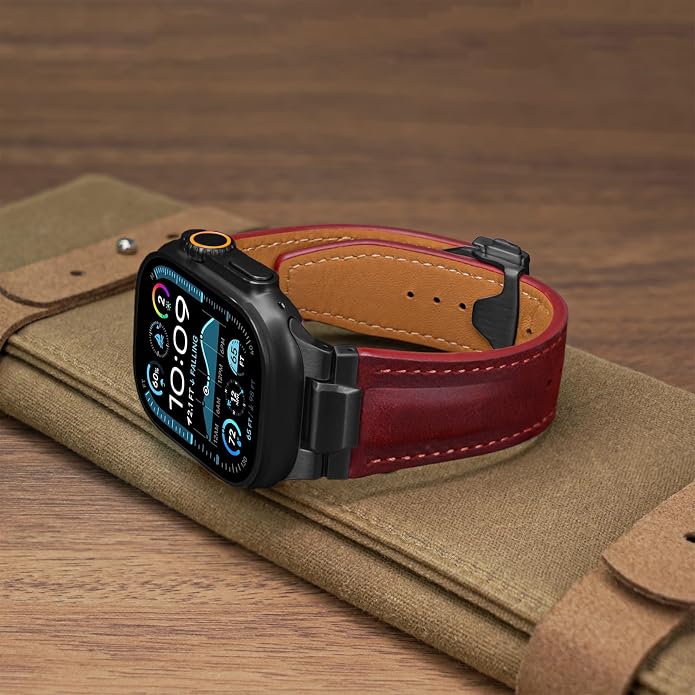Vintage Genuine Leather Band for Apple Watch Ultra 49mm (2026 Upgrade), Rugged Replacement Strap Compatible with iWatch 46mm 45mm 44mm - for Men Women, Fit Ultra3/2/1, SE 3/2/1, Series11 10/9/8/7/6/5/4