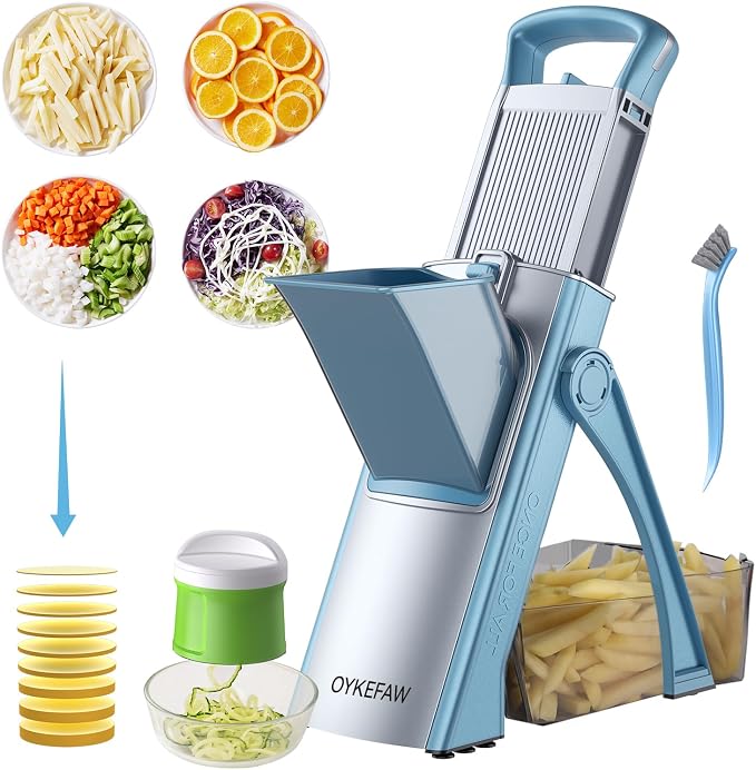 Safe Mandoline Slicer for Kitchen, 6 in 1 Vegetable Chopper, French Fry Cutter For Potatoes, Potato Slicer,Food Chopper,Adjustable Thickness 0.1-8 mm, With Peeler/Cleaning Brush (Blue+green)