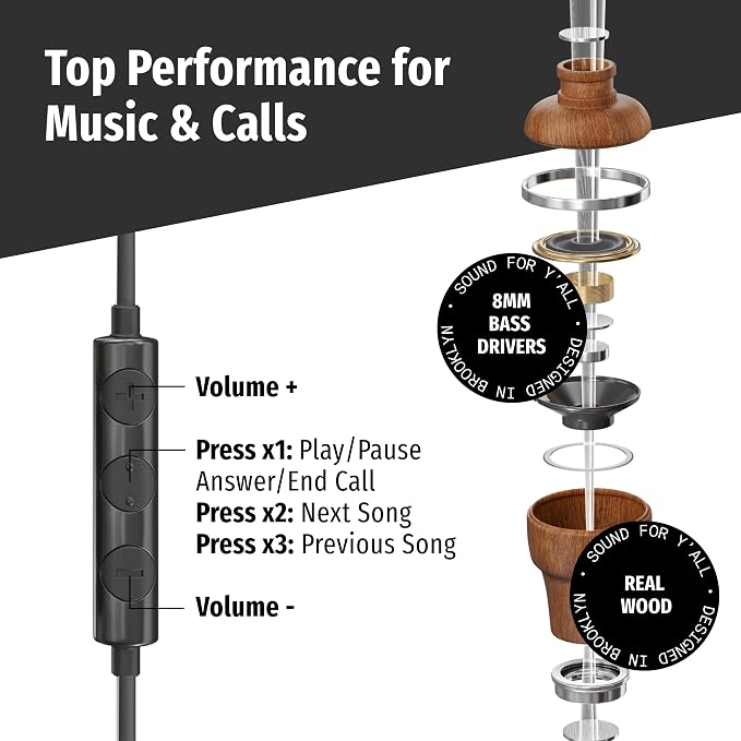 Symphonized 3.5mm Jack Airtube Headphones EMF Free - Wooden Safe Air Tube Earphones with Mic & Volume Control, Corded Ear Buds Wired Earbuds with Microphone for Computer, Laptop & Phone with Aux Cord