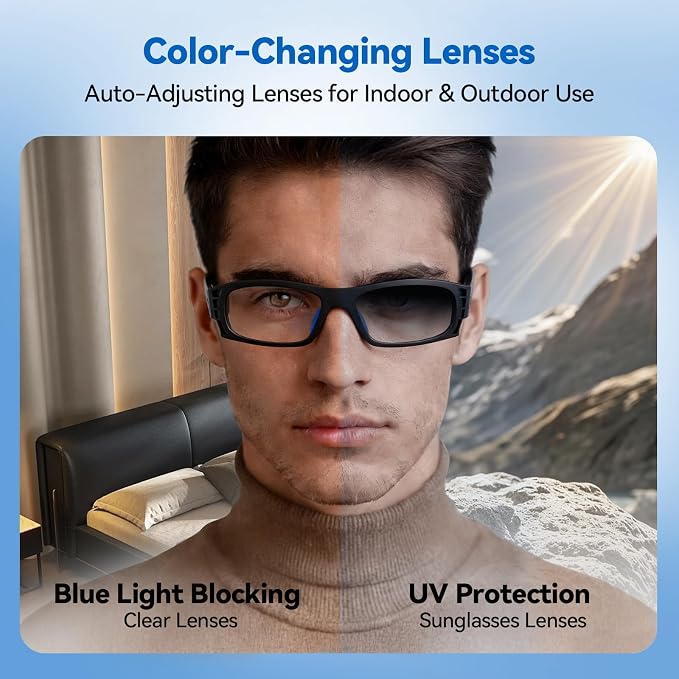 AI Smart Glasses for Women Men with Real-Time Translation, Music & Hands-Free Calling, AI Vioce Assistant, Photochromic Lens with UV & Blue Light Protection – Perfect for Hiking & Cycling