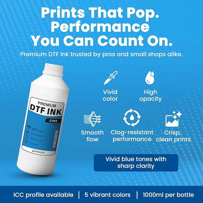 DTF Ink Cyan 33.8 fl oz (1000ml) | High Opacity Clog-Free Formula | Compatible with ET8550 L1800 XP600 I3200 4720 XP15000 & All Printheads | Reliable Color Accuracy & Smooth Flow