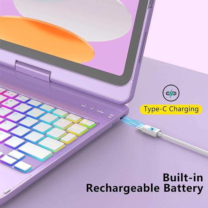For iPad 11th Generation/10th Generation Case with Keyboard,Touch Keyboard for iPads A16 /10th Gen 10.9 inch 2022 - 10 Color Backlight, 360° Rotatable Protective Case for iPad A16 with Pencil Holder