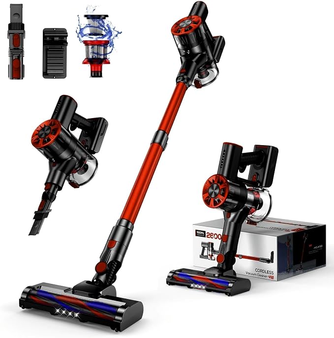 Comvtu Cordless Vacuum Cleaner for Home, 80,000PRM Powerful 4 in 1 Lightweight Stick Vacuum with 2 Adjustable Suctions, Max 40 Mins Runtime, 2600mAh Rechargeable Vacuum Cleaners (Deep Red)