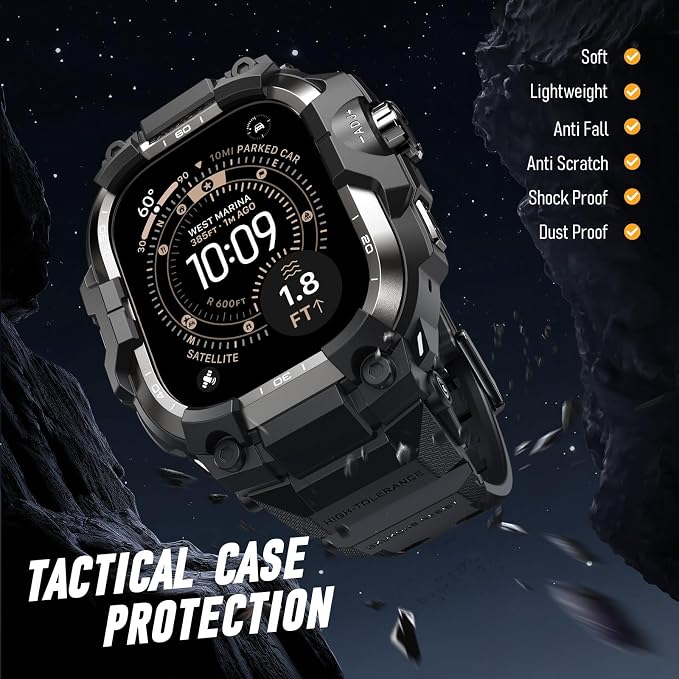 BXUXOHS Rugged Case and Band for Apple Watch Ultra 3/2/1 49mm Men, Military Grade Shockproof Bumper Cover, with 2 Pack Screen Protector, Tactical Band Case for iWatch Ultra 3 2 1 Man, Black Titanium