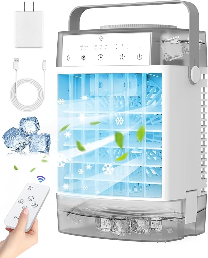Portable Air Conditioner, Personal Evaporative Air Cooler with Dual Tank, 2 Mist Modes, 3 Wind Speed, USB Powered Desk Cooling Fan with 7-Color Mood Lighting for Office/Bedroom