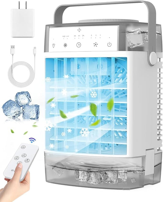 Portable Air Conditioner, Personal Evaporative Air Cooler with Dual Tank, 2 Mist Modes, 3 Wind Speed, USB Powered Desk Cooling Fan with 7-Color Mood Lighting for Office/Bedroom