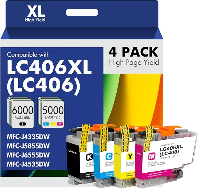 LC406 LC406XL Ink Cartridges for Brother Printer 406XL LC 406 XL for MFC-J4335DW MFC-J5855DW MFC-J6555DW MFC-J4535DW MFC-J6955DW MFC-J4345DW MFC-J5955DW - 4 Pack High Yields Black Cyan Magenta Yellow