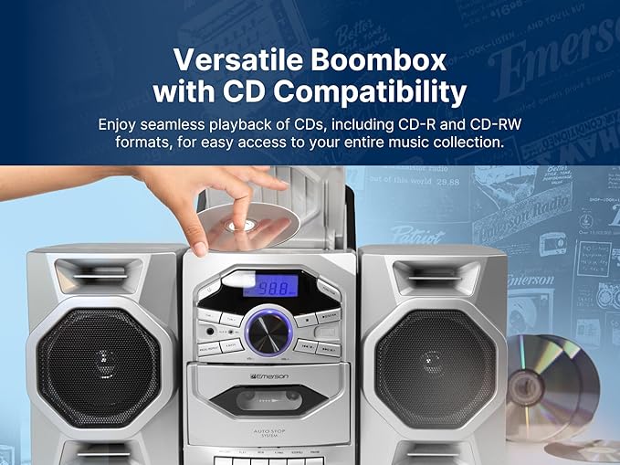 Emerson Portable CD Player Boombox with Cassette Player, Tape Recorder, AM/FM Radio, MP3 AUX Input, Detachable Speakers, AC/DC & Battery Operated – Stereo System for Home, Travel, Indoor & Outdoor Use