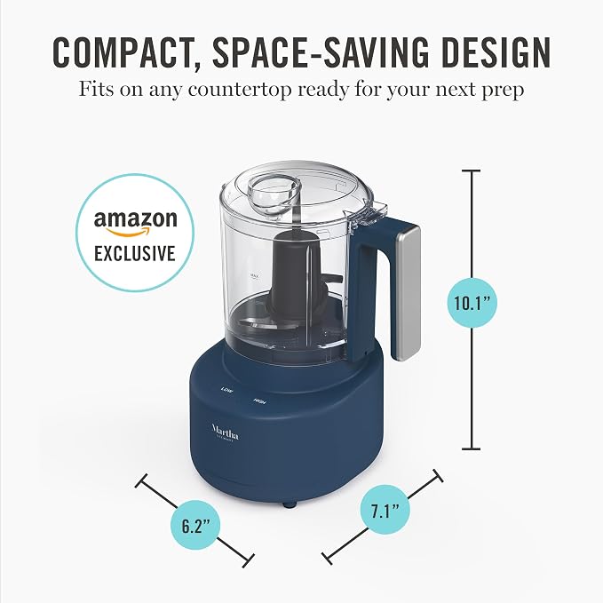 Martha Stewart 3 Cup Electric Food Chopper, Vegetable & Herb Mini Food Processor, 24oz BPA-Free Bowl, Stainless Steel Blades, Pour Spout, Dicing, Mincing, Chop & Puree, Dishwasher Safe, Indigo Blue