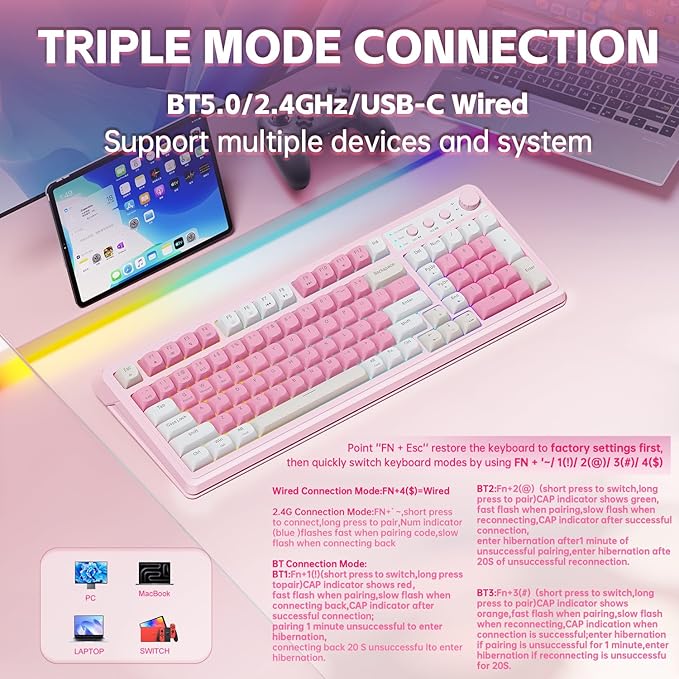 AULA S99 Gaming Keyboard, Wireless Computer Keyboards, Tri-Mode Bluetooth Creamy Custom Keyboard with Number Pad, RGB Backlit Media Knob Cute Programmable Keyboard for PC Gamer - Gradient Blue