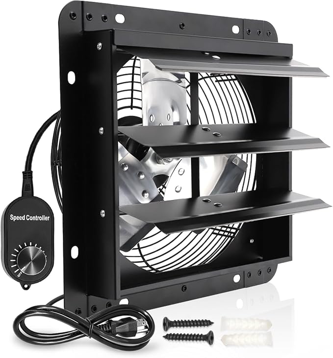 Shutter Exhaust Fan, 12 in Wall Mount Ventilation w/Speed Controller Attic Vent Fan for Chicken Coops, Greenhouse, Gable, Barn, Garage, Shed Ventilator 970 CFM 1700RPM