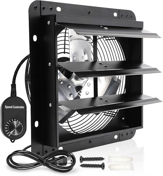 Shutter Exhaust Fan, 12 in Wall Mount Ventilation w/Speed Controller Attic Vent Fan for Chicken Coops, Greenhouse, Gable, Barn, Garage, Shed Ventilator 970 CFM 1700RPM