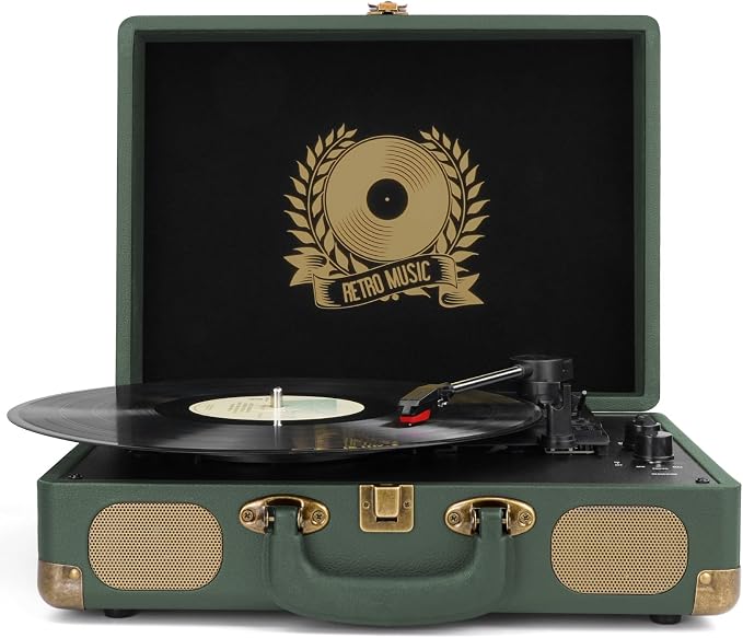 Vinyl Record Player Bluetooth Turntable 3-Speed Suitcase Portable Vintage Belt-Driven Record Player with Built-in Speakers RCA Line Out AUX in Headphone Jack Military Green
