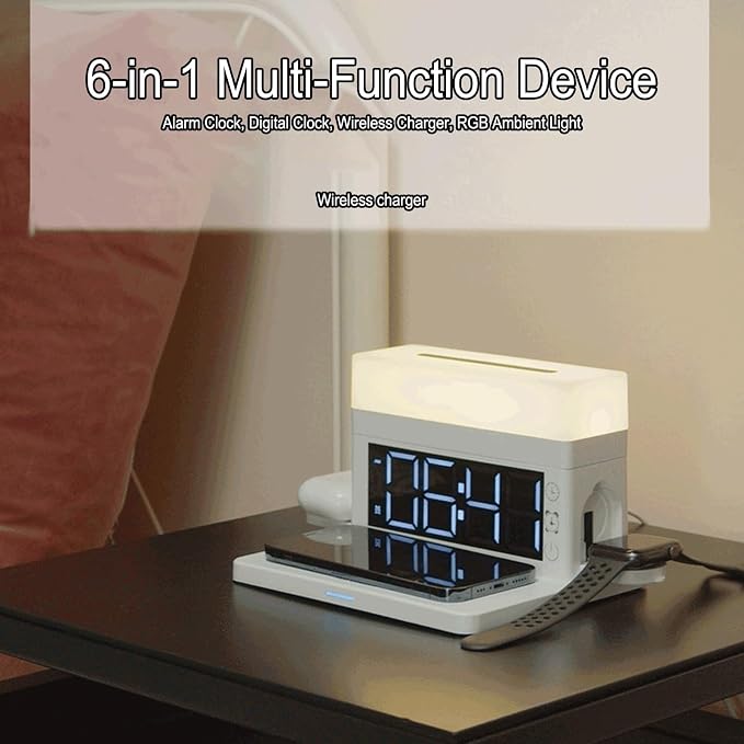 6 in 1 Wireless Charger, 15W Fast Charging Station with Digital Clock, Alarm & Night Light, Multi-Device Charging Dock for Phone/Smartwatch/Earbuds, RGB Ambient Light, N65 White.