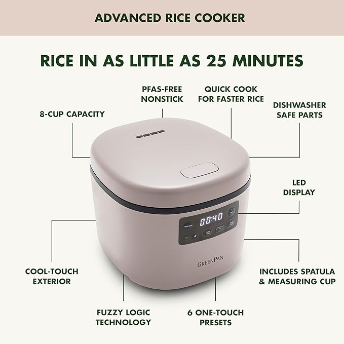 GreenPan Advanced Rice Cooker, 4-Cups Uncooked/8-Cups Cooked, Removable Nonstick Ceramic PFAS-Free Pot, White & Brown Rice, Family Sized, Quick Cook in 25mins, 6 Presets, Fuzzy Logic Tech, Clay