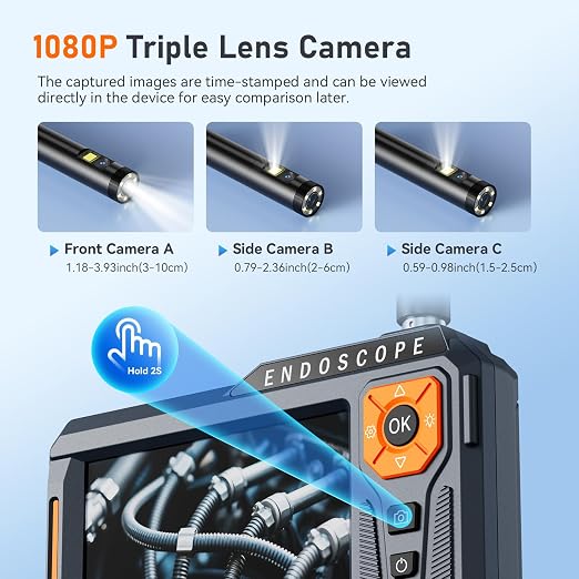 Triple Lens Borescope with 32G Card, Ginocaco 5" IPS Endoscope Camera with Light Support Photo/Video, IP67 Waterproof Snake Camera with Semi-Rigid Cable for Automotive, Plumbers, HVAC(16.4Ft)