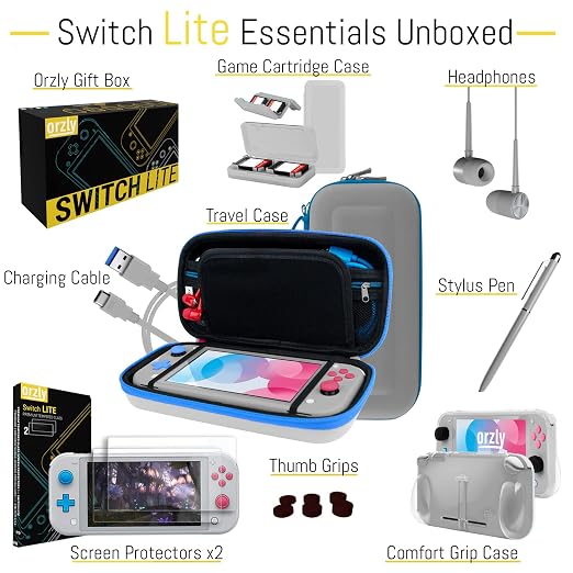 Orzly Switch Lite Accessories Bundle - Case & Screen Protector for Nintendo Switch Lite Console, USB Cable, Games Holder, Grip Case, Headphones, Thumb-Grip Pack & More (Gift Pack - Z&Z Edition)