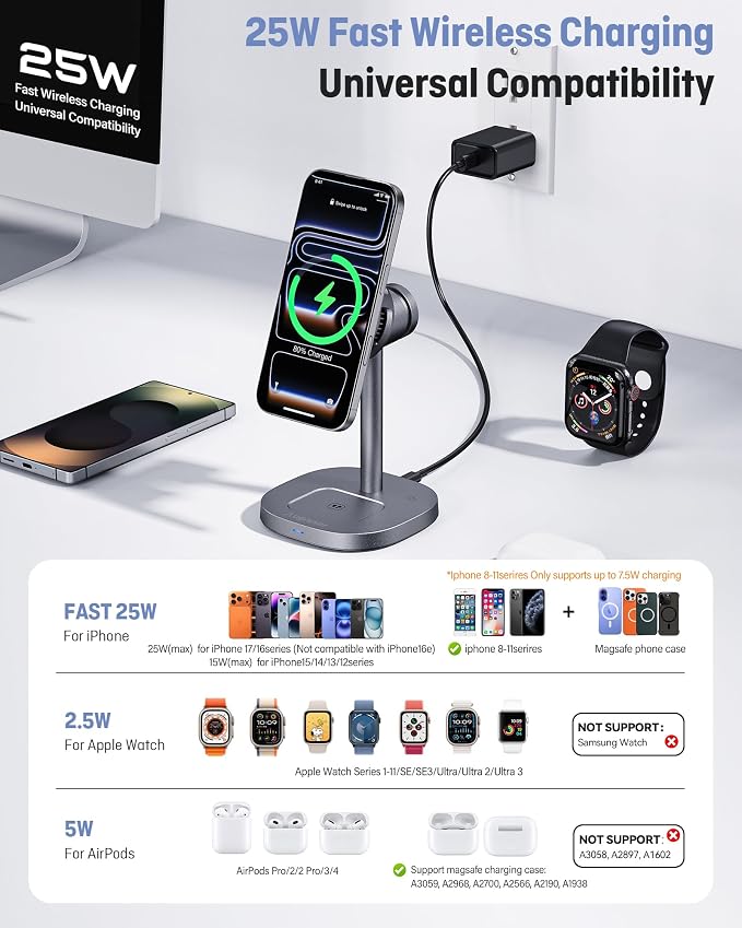 Augnner 3 in 1 Wireless Charging Station, 25W Certified Fast Magnetic Charger, Mag-Safe Wireless Charger Stand with TEC Active Cooling, for iPhone17/16/15/14/13/12, Apple Watch/AirPods