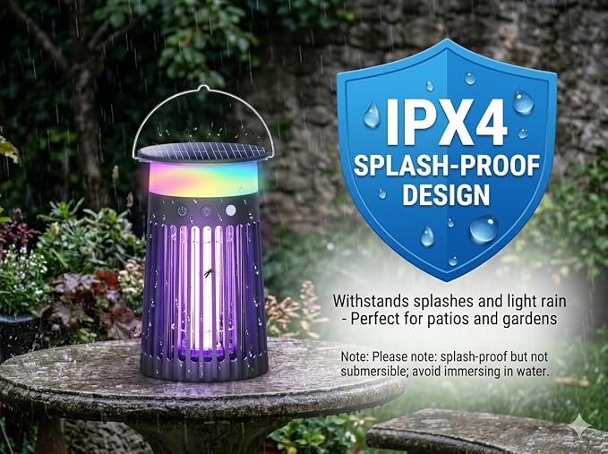 Solar Bug Zapper Outdoor & Indoor, 4200V Electric Mosquito Killer w 4000mah USB Rechargeable Battery, Fly Trap for Gnat, Fruit Fly, Moths, Portable Pest Control for Camping, Garden, Patio