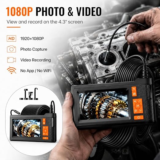 33FT Dual Lens Endoscope Camera with Light, 4.3" Borescope with Photo/Video(Built-in 32GB Card), IP67 Waterproof with 8 LED Lights, Semi-Rigid Snake Cable for Pipe, Engine & HVAC Inspection