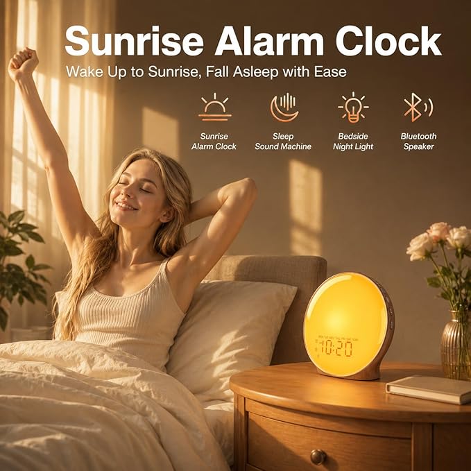JALL Full-Screen Wake Up Light Sunrise Alarm Clocks for Bedrooms, White Noise Machine for Heavy Sleepers & Kids, 25 Natural Sounds, Dual Alarms, FM Radio, 17 Dimmable Colors, Bluetooth Speaker