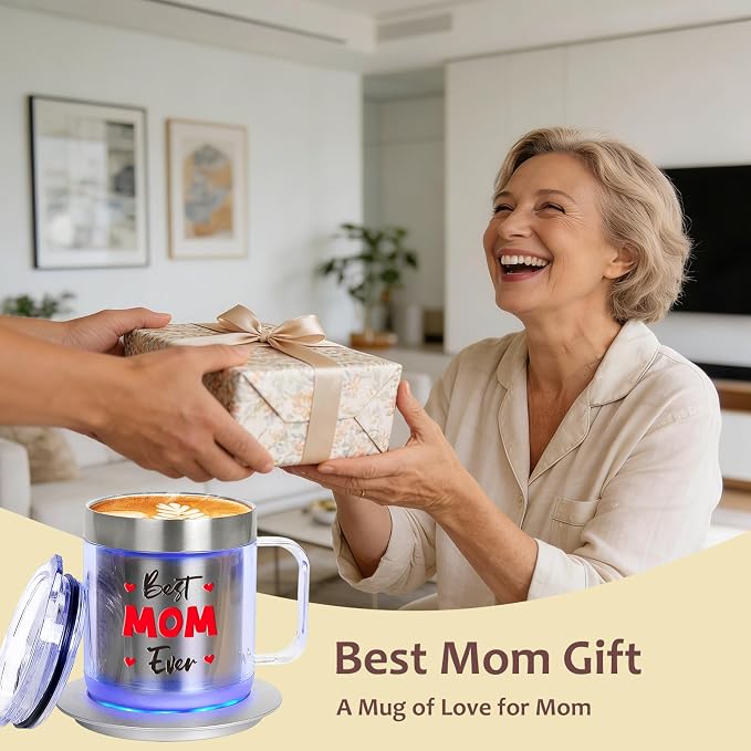Birthday Gifts for Mom, 12oz Funny Heated Coffee Mug for Mom with BEST MOM EVER, Electric Coffee Cup with Warmer Set, Ideal Valentines Mothers Day Gifts from Husband Daughter Son(Silver MOM-12oz)