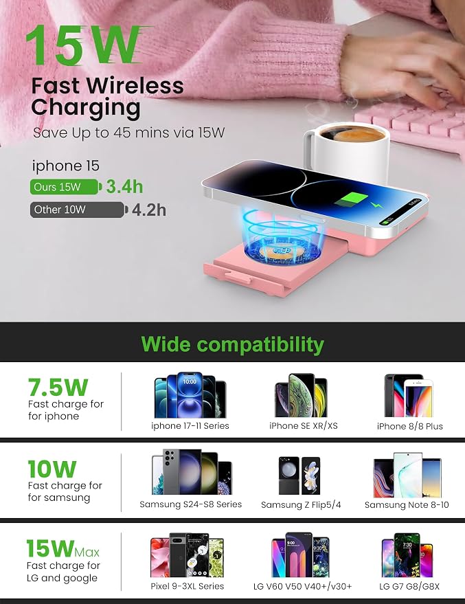 Coffee Mug Warmer with 15W Wireless Phone Charger & 3A USB Charging Port, 3 Temp Settings & 8H Auto Shut Off, Candle Warmer Plate for Heating Coffee, Milk, Tea & Candles,Valentine's Day Gift(Pink)