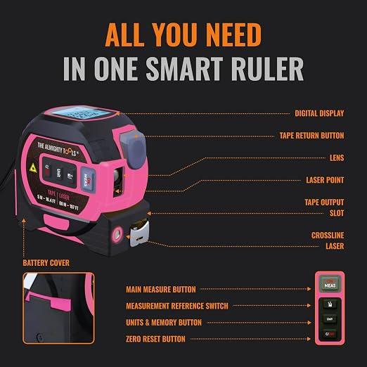 The Almighty Ruler Laser Tape Measure | Laser Distance Measurer, Heavy-Duty Tool with Cross Marking Feature, Smart Range Finder, Easy-Read Display, Ft & Metric Measurement | 196 ft | 65 yd | 60 m