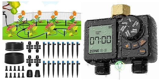 MIXC 95FT Drip Irrigation System Kit + MIXC Rechargeable 2-Zone Water Timer